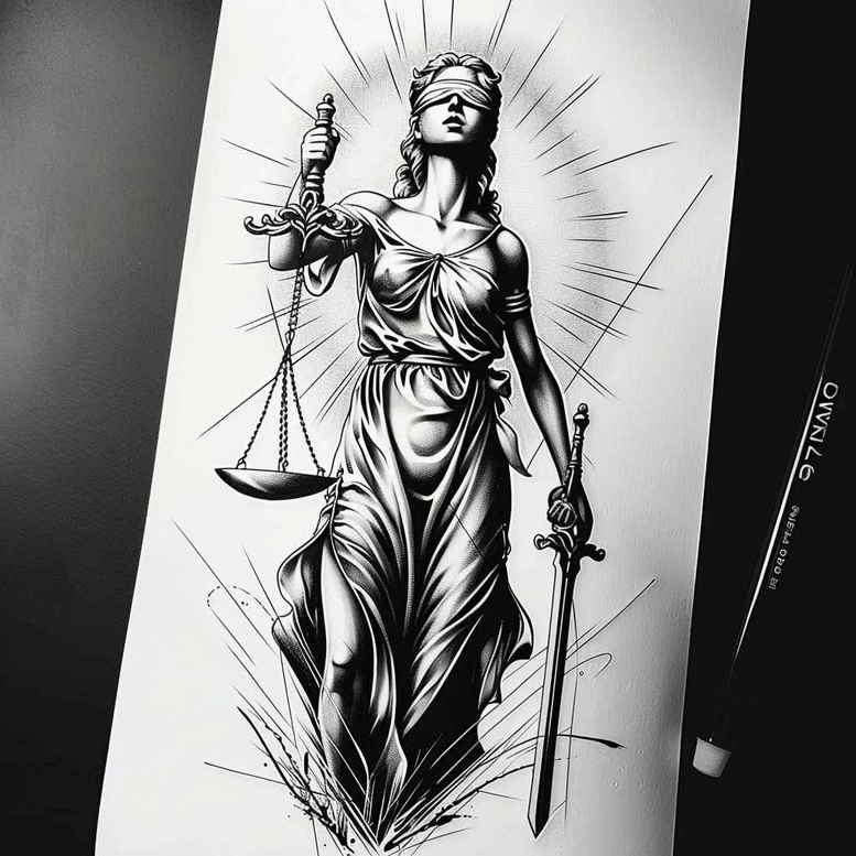 themis tattoo design ideas Surrealism ghostly shapes blindfolded truth symbolising determination