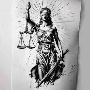 themis tattoo design ideas Neotraditional balanced tones equilibrium symbol for thigh