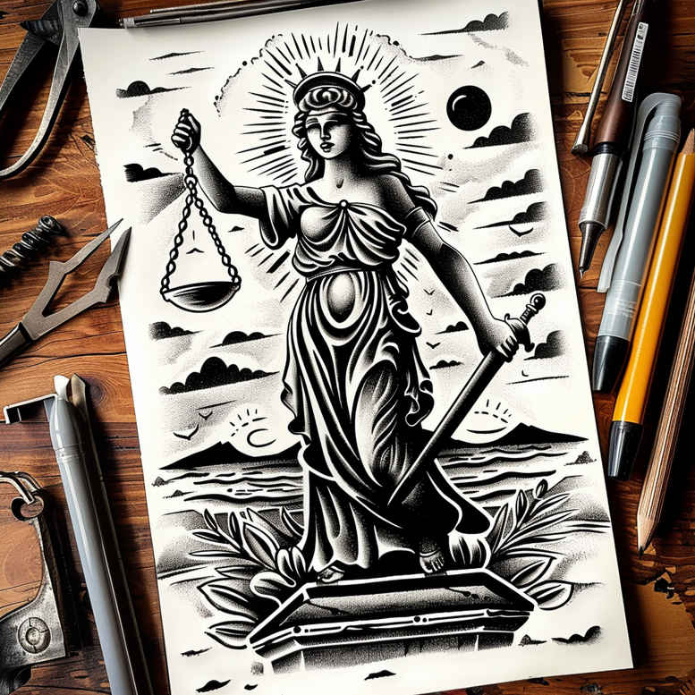 themis tattoo design ideas Realism skin texture goddess virtue for biceps