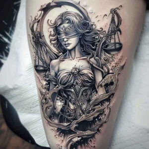 themis tattoo design ideas Realism realistic wrinkles justice scales symbol of strength