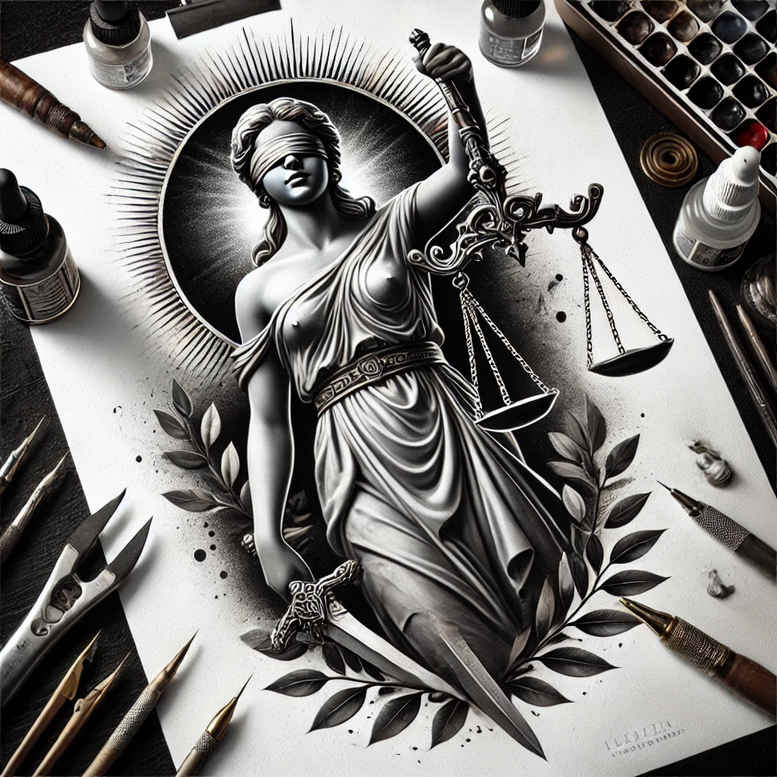 themis tattoo design ideas Neotraditional vivid color legal icon for chest