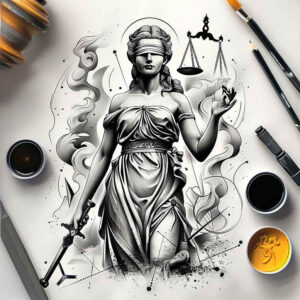themis tattoo design ideas Surrealism whimsical legal sword meaning strength