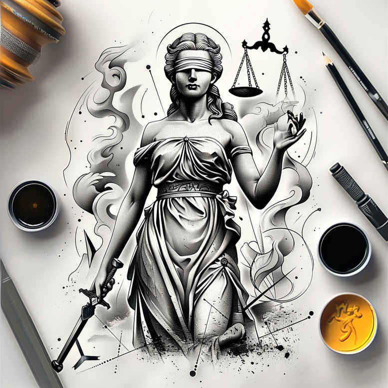 themis tattoo design ideas Surrealism whimsical legal sword meaning strength