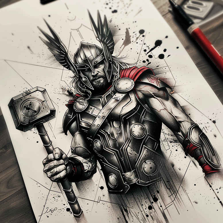 thor tattoo design ideas Realism contrast play hammer tattoo stands for courage