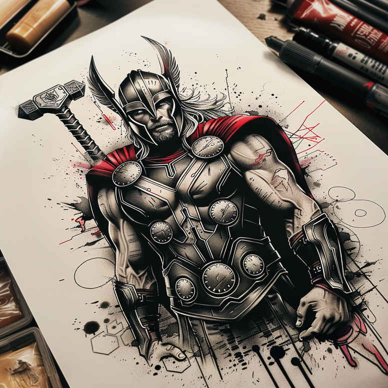 thor tattoo design ideas Surrealism distorted reality Mjolnir mark symbolising perseverance