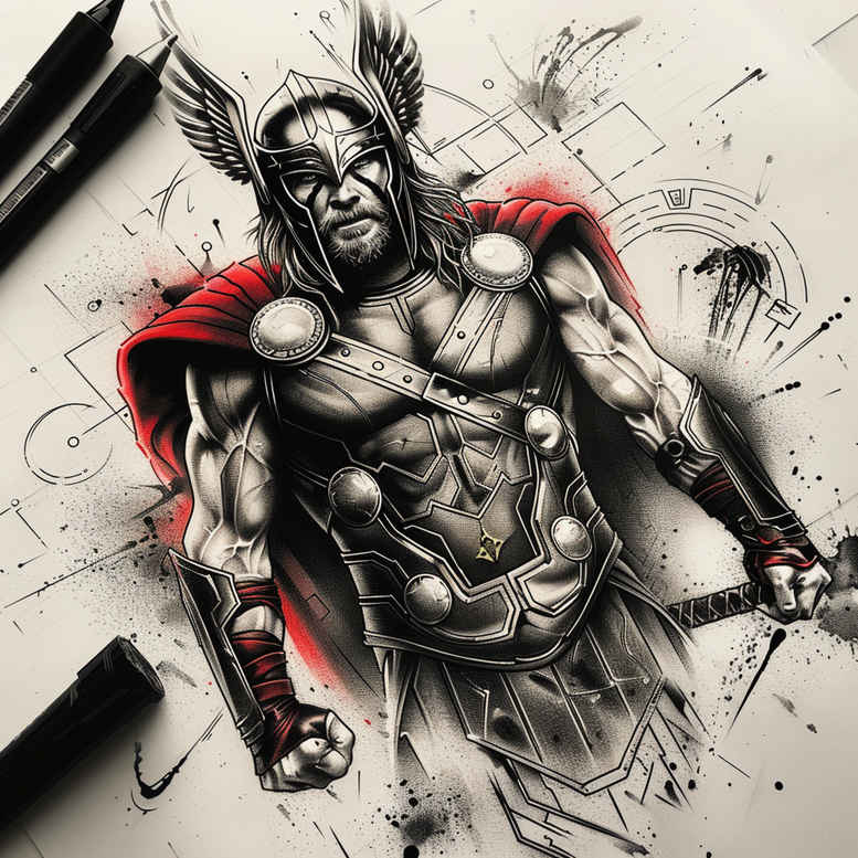 thor tattoo design ideas deep-shading viking hero symbol of strength