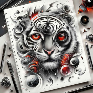 minimalist-tiger-tattoo – tattoo design ideas free ai generated – neotraditional-precise-lines – for-elbow – Gallery: tigers-inkby-ai