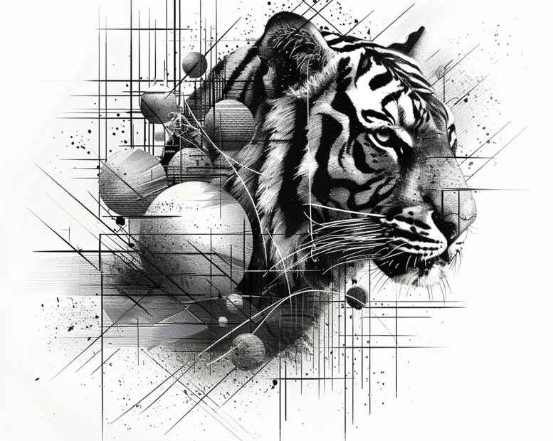 Tiger head in black and grey with geometric lines and orbs; a tattoo design project, ideal for cover-up.