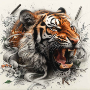tiger-battle-motif – tattoo design ideas free ai generated – surrealism-subconscious-themes – for-upper-back – Gallery: tigers-inkby-ai