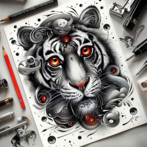 tiger-with-dots – tattoo design ideas free ai generated – neotraditional-refined-lines – for-upper-arm – Gallery: tigers-inkby-ai