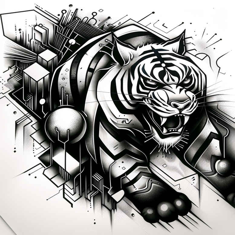 tiger-with-organic-lines – tattoo design ideas free ai generated – neotraditional-bright-color – for-elbow – Gallery: tigers-inkby-ai