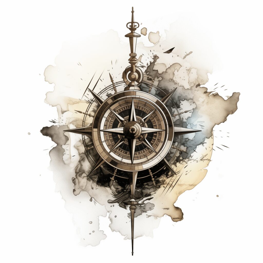 Compass tattoo in black and grey watercolor splash; project idea, suitable for cover-up.