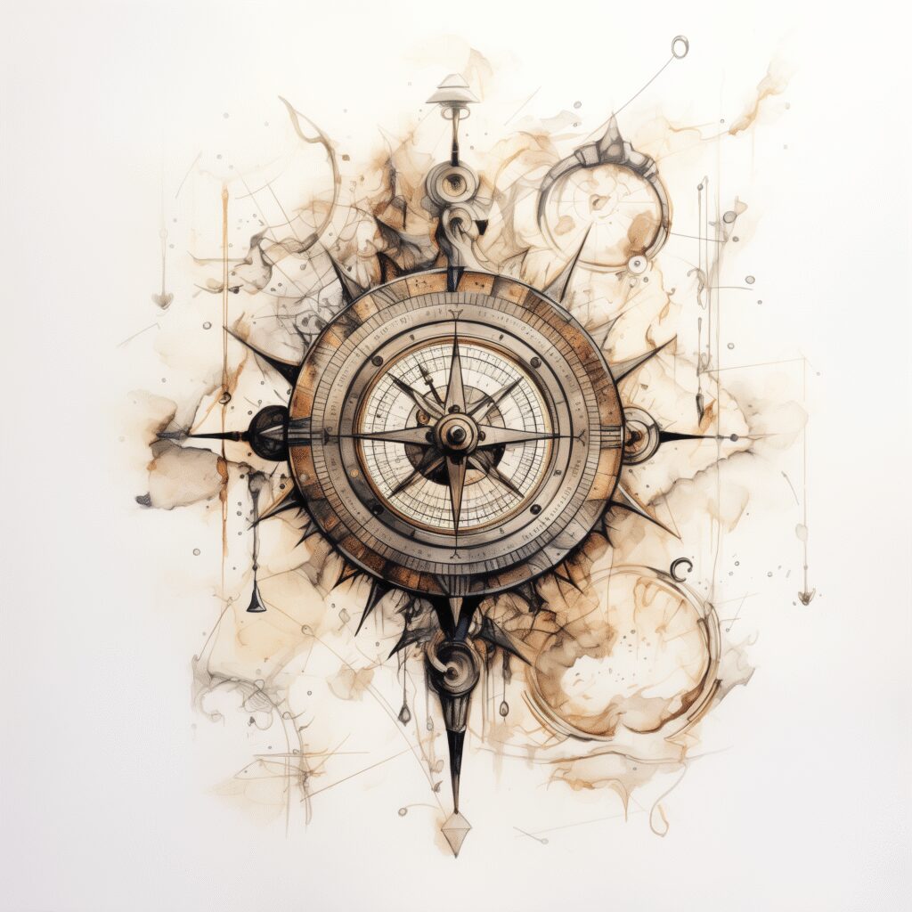 Compass tattoo design in black and grey with smoke and ink splatter; cover-up ready project pattern.