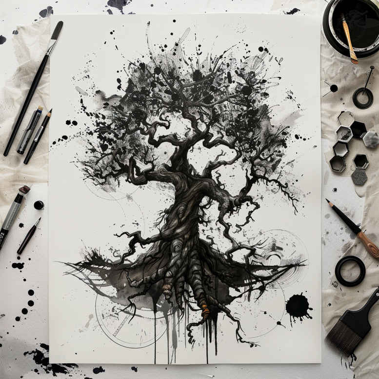 tree-with-shadow-and-light-neotraditional-color-overlays-for-knee – tattoo design ideas free ai generated – Gallery: trees-inkby-ai