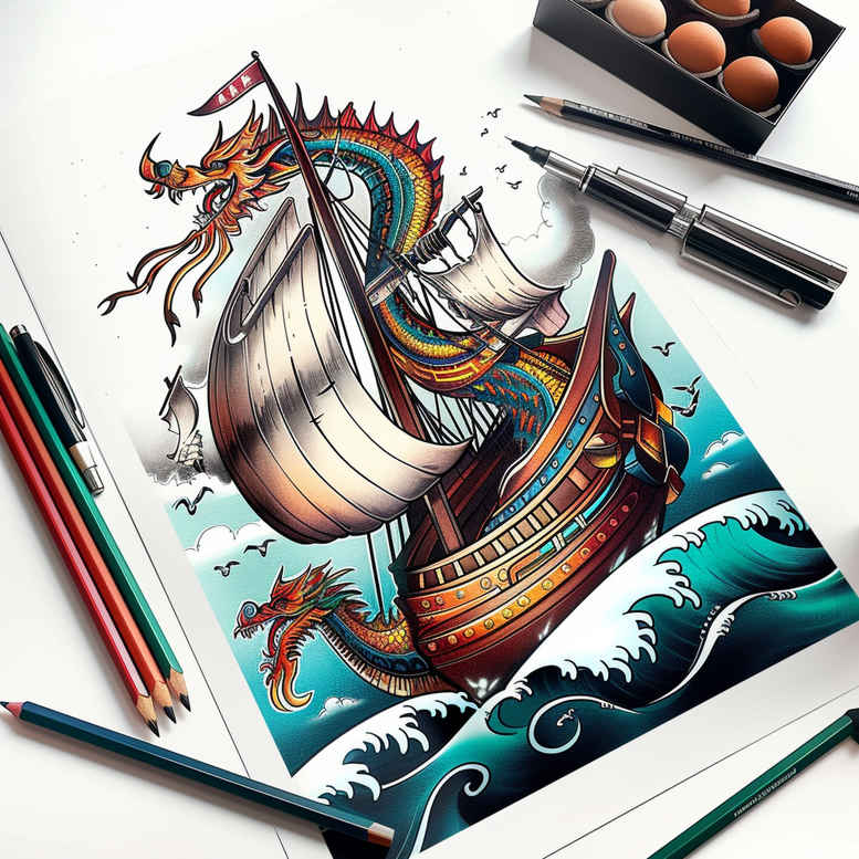 drakkar-with-detail-neotraditional-bold-color-for-forearm – tattoo design ideas free ai generated – Gallery: viking-ships-inkby-ai