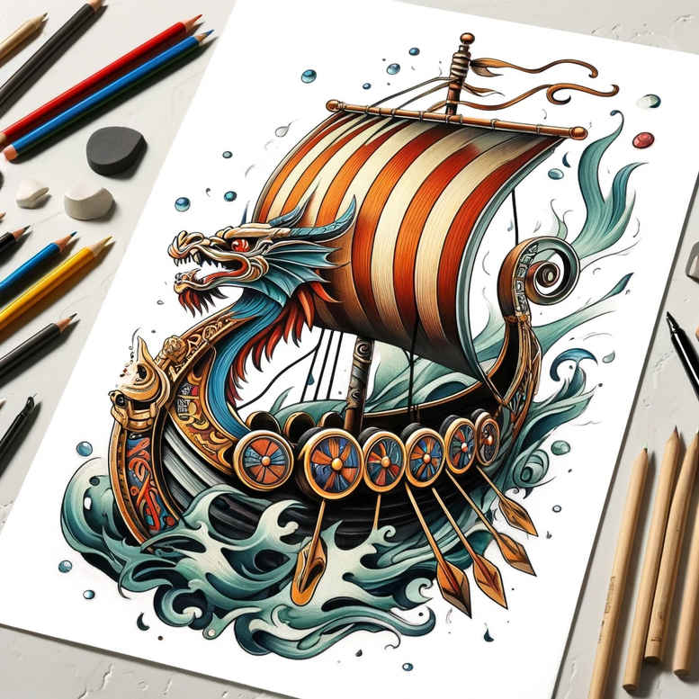 viking-ships tattoo design ideas Surrealism visionary curved hull stands for courage