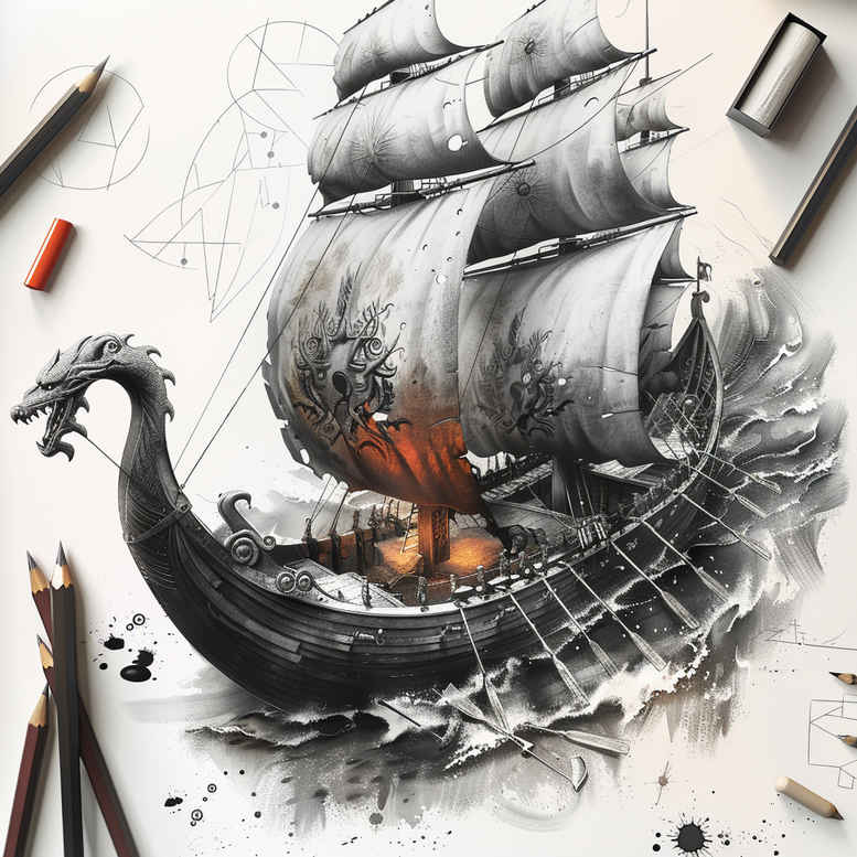 viking-ships tattoo design ideas line-art icebreaker for hand