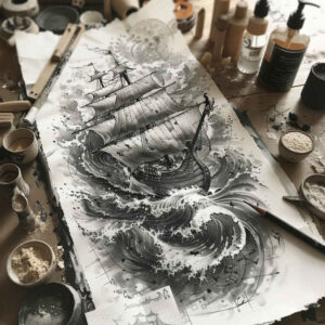 viking-ships tattoo design ideas watercolor-style mythic ship shows courage