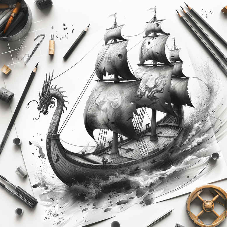 viking-ships tattoo design ideas realistic shadowing oar rhythm for heel