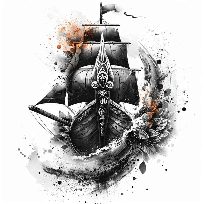 viking-ships tattoo design ideas Realism precise gradient oar rhythm symbol of determination