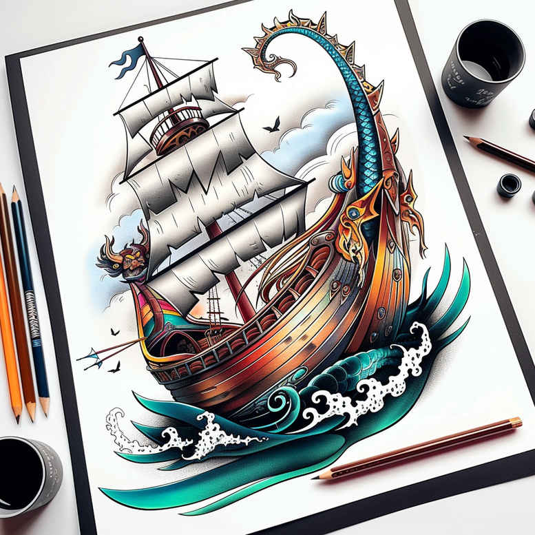 viking-ships tattoo design ideas intricate ocean raid represents determination