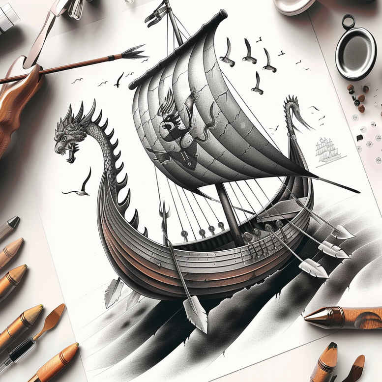 viking-ships tattoo design ideas Surrealism chromatic aberration ocean rune for full back