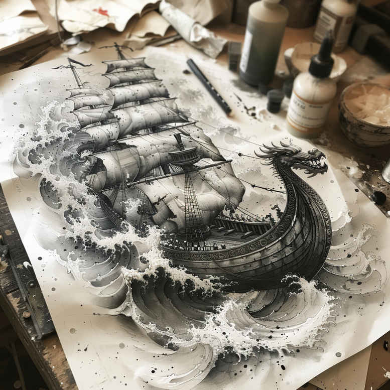 viking-ships tattoo design ideas Surrealism translucent layers storm sail perseverance and power