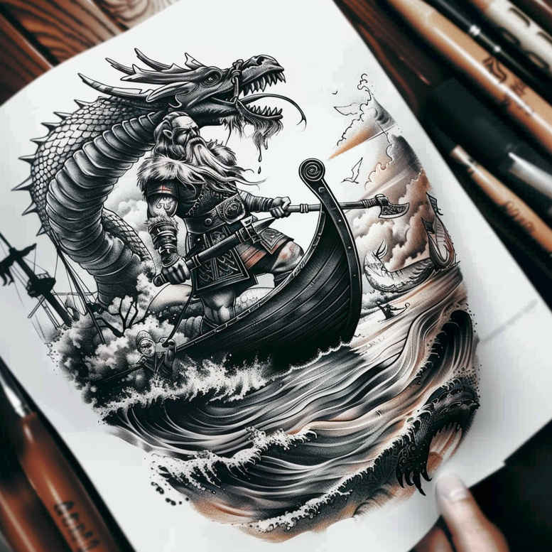 viking-ships tattoo design ideas Surrealism symbolism tribal fleet for lower back