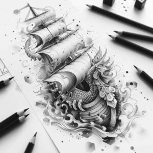 viking-ships tattoo design ideas Surrealism phantasm viking sea for elbow