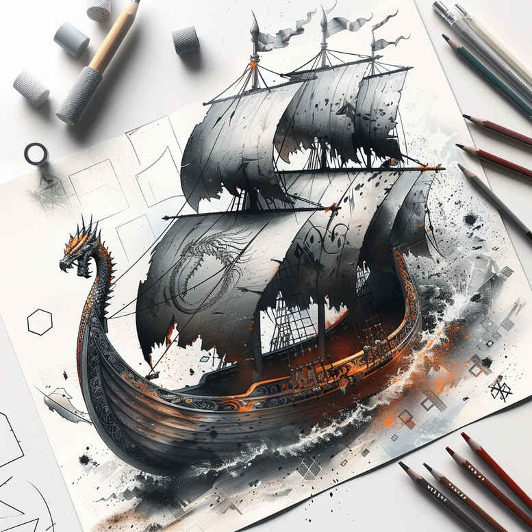 viking-ships tattoo design ideas Surrealism mystical viking sea for foot
