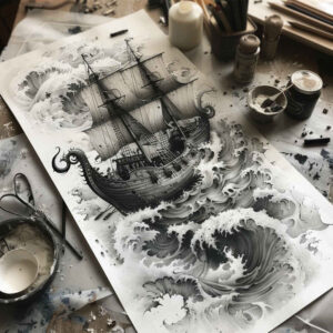 viking-ships tattoo design ideas accent shading viking sea for outer arm
