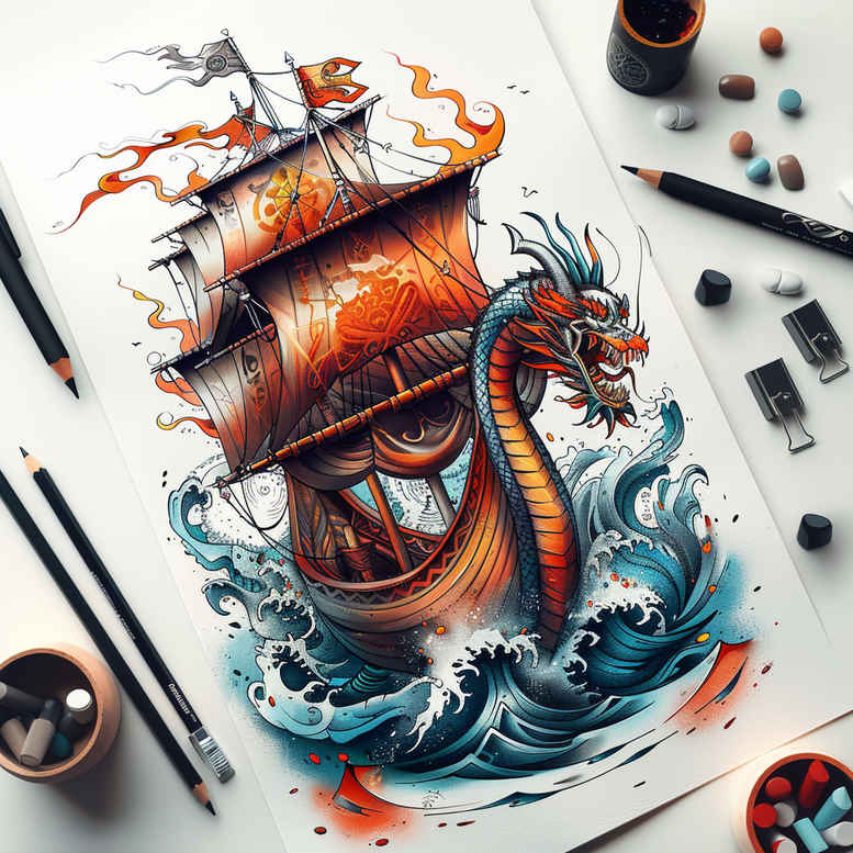 viking-ships tattoo design ideas Realism realistic dimension wind conqueror for lower leg