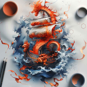 viking-ships tattoo design ideas realistic contrast wooden beast for behind ear