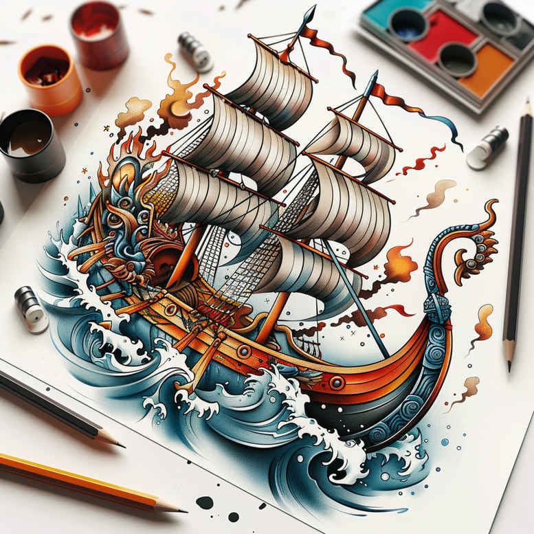 drakkar-with-sea-motif-realism-photorealistic-drawing-for-ribs – tattoo design ideas free ai generated – Gallery: viking-ships-inkby-ai