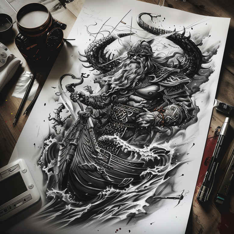 drakkar-with-artistic-detail-surrealism-fluid-motion-for-calf – tattoo design ideas free ai generated – Gallery: viking-ships-inkby-ai