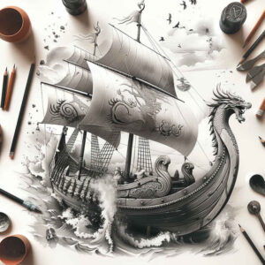 viking-ships-with-plant-ornaments-realism-natural-contrast-for-lower-thigh – tattoo design ideas free ai generated – Gallery: viking-ships-inkby-ai