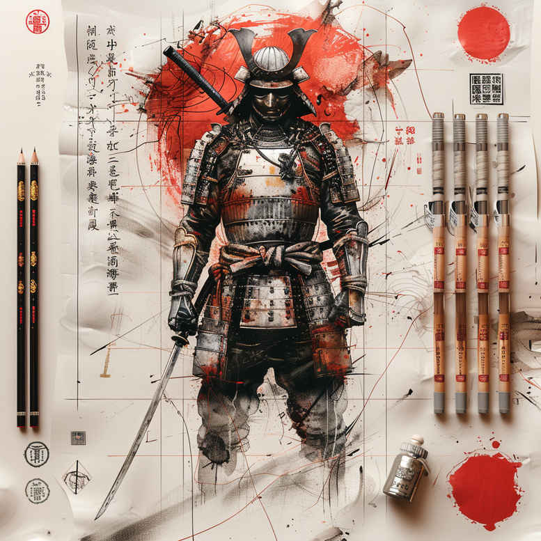 warriors-asia tattoo design ideas vivid hues armor lines for lower thigh