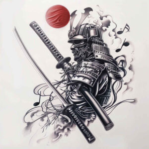 warriors-asia tattoo design ideas mirrored effect armored figure for lower thigh