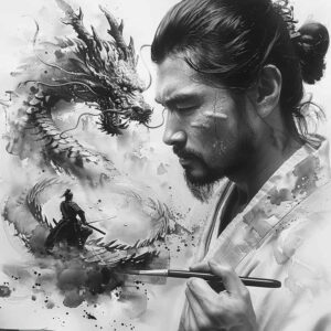 warriors-asia tattoo design ideas Realism deep shadows Samurai soul for scapula