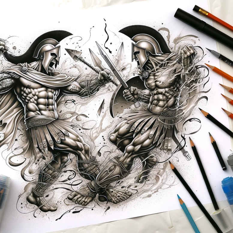 hoplite-with-symbol-surrealism-phantasm-for-lower-arm – tattoo design ideas free ai generated – Gallery: warriors-greece-inkby-ai