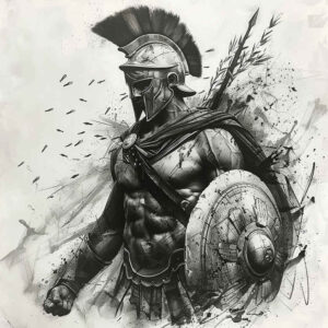 spartan-in-motion-surrealism-mysterious-for-upper-thigh – tattoo design ideas free ai generated – Gallery: warriors-greece-inkby-ai