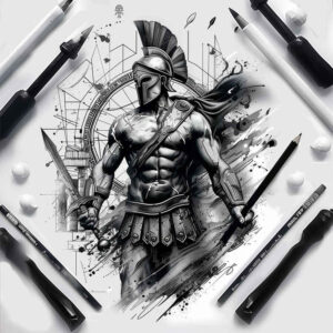 hoplite-with-weapon-surrealism-shimmering-forms-for-elbow – tattoo design ideas free ai generated – Gallery: warriors-greece-inkby-ai