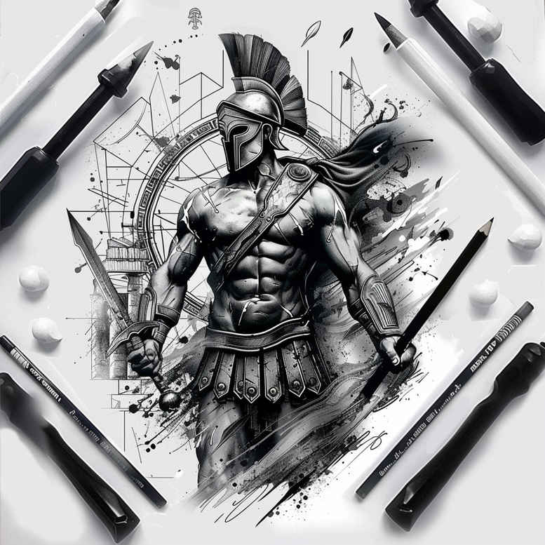 hoplite-with-weapon-surrealism-shimmering-forms-for-elbow – tattoo design ideas free ai generated – Gallery: warriors-greece-inkby-ai