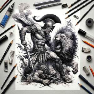 warriors-greece tattoo design ideas bold color blocks divine armor stands for determination