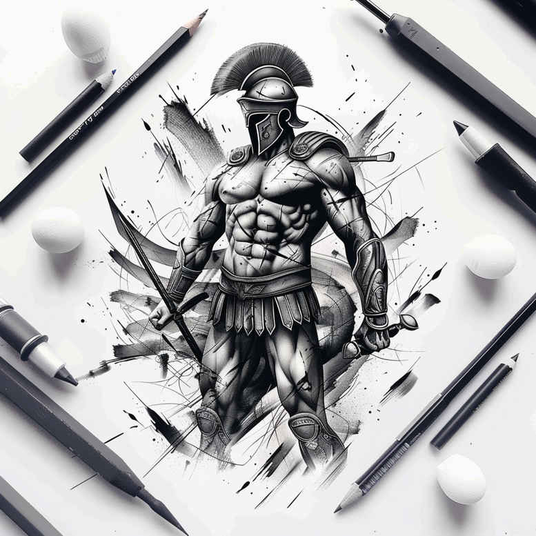 warriors-greece tattoo design ideas Surrealism vibrant contrasts Hoplite stance for upper arm