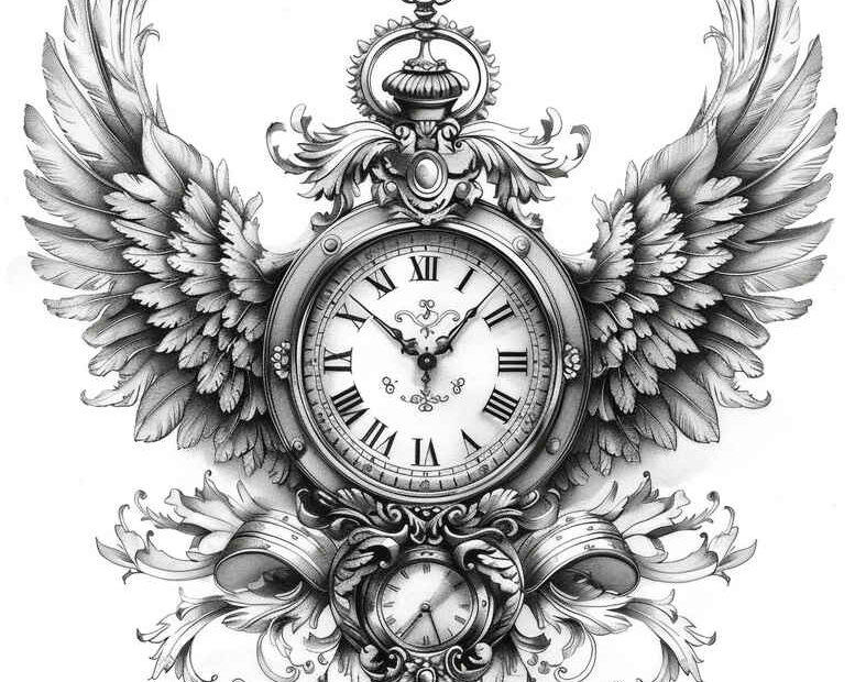 Clock at center with wings, ornate crown, and scrolling filigree pattern in black and grey; AI-generated tattoo project, cover-up suitable.