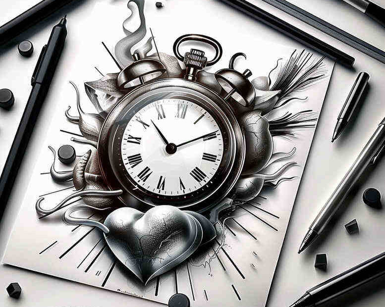 Watch, heart sketch on paper, pencils, and pens in black and grey; AI-generated tattoo project idea for cover-up.