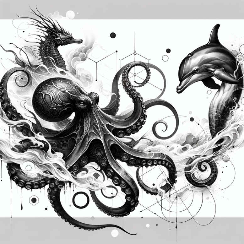 ocean-animals-surrealism-dreamlike-for-fingers – tattoo design ideas free ai generated – Gallery: water-animals-inkby-ai