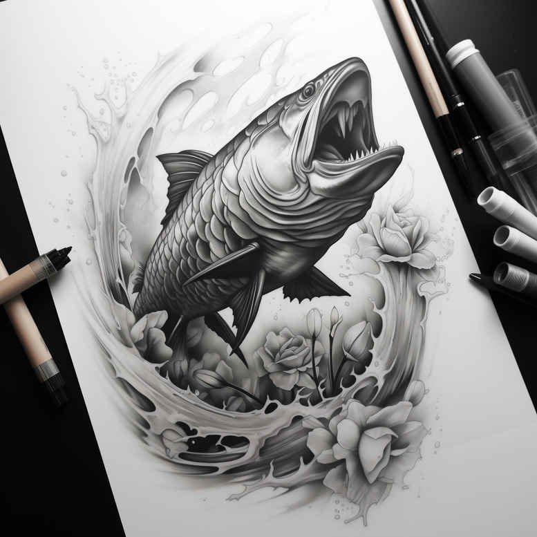 sea-motifs-surrealism-phantasmagoric-for-lower-thigh – tattoo design ideas free ai generated – Gallery: water-animals-inkby-ai