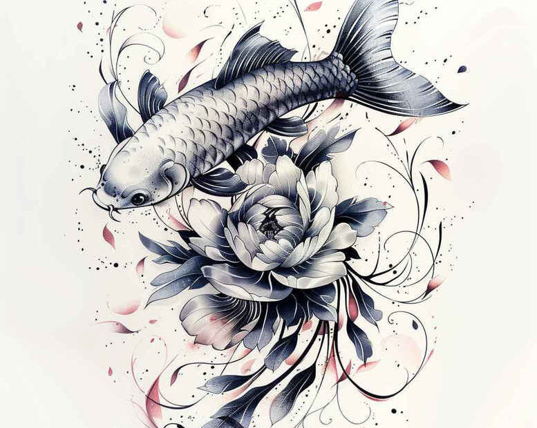 Koi fish around a lotus with petals and swirling lines in black and grey; fine line tattoo design project, not ideal for cover-up.